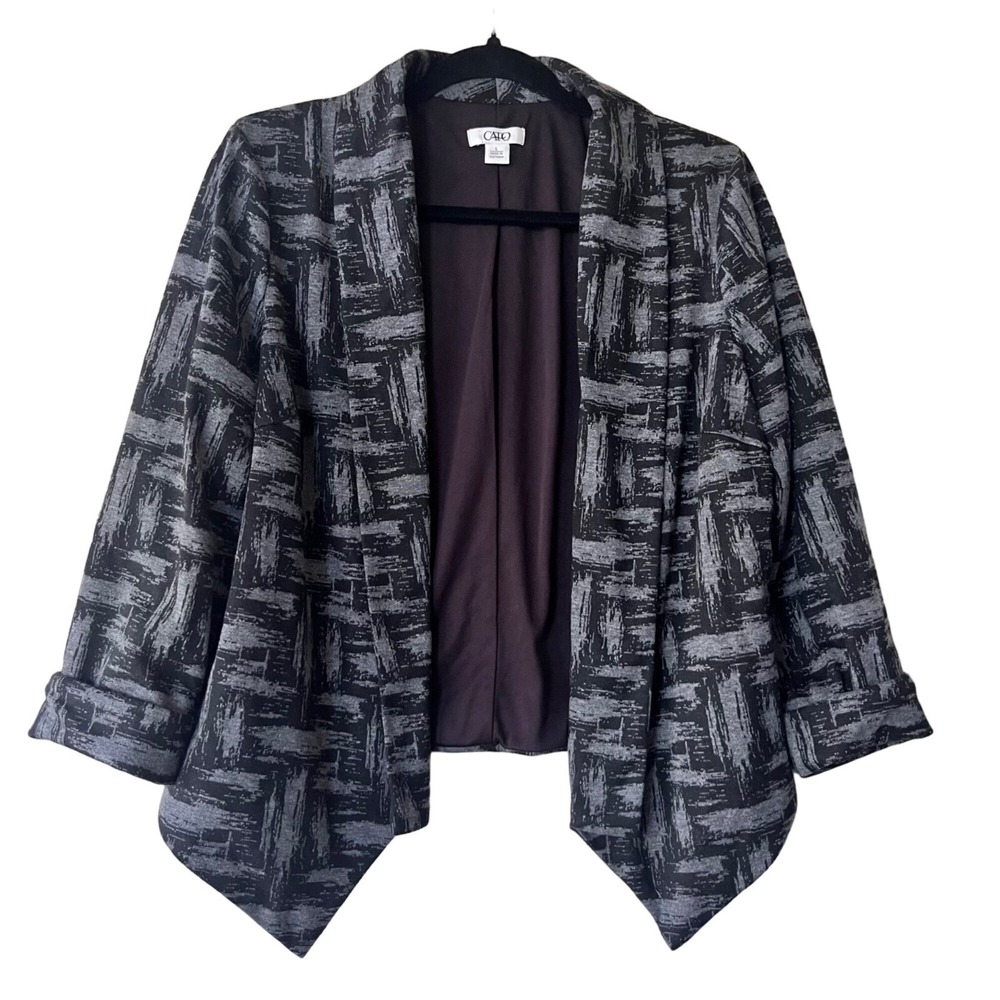 Cato Open Front Blazer Womens Gray Black Abstract Handkerchief Hem Size L